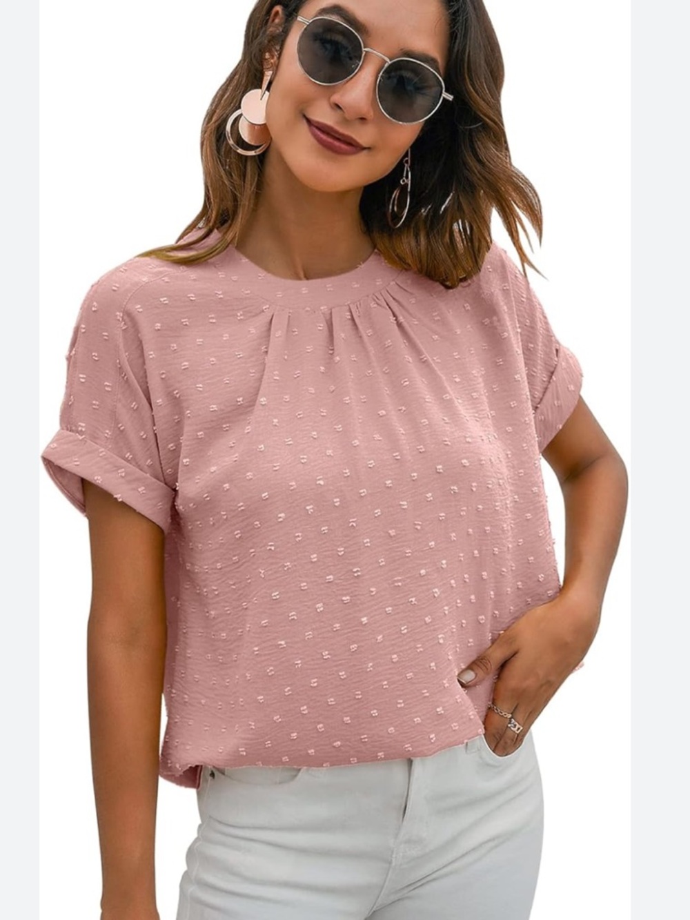 Swiss Dot Short Sleeve Blouse in Dusty Rose